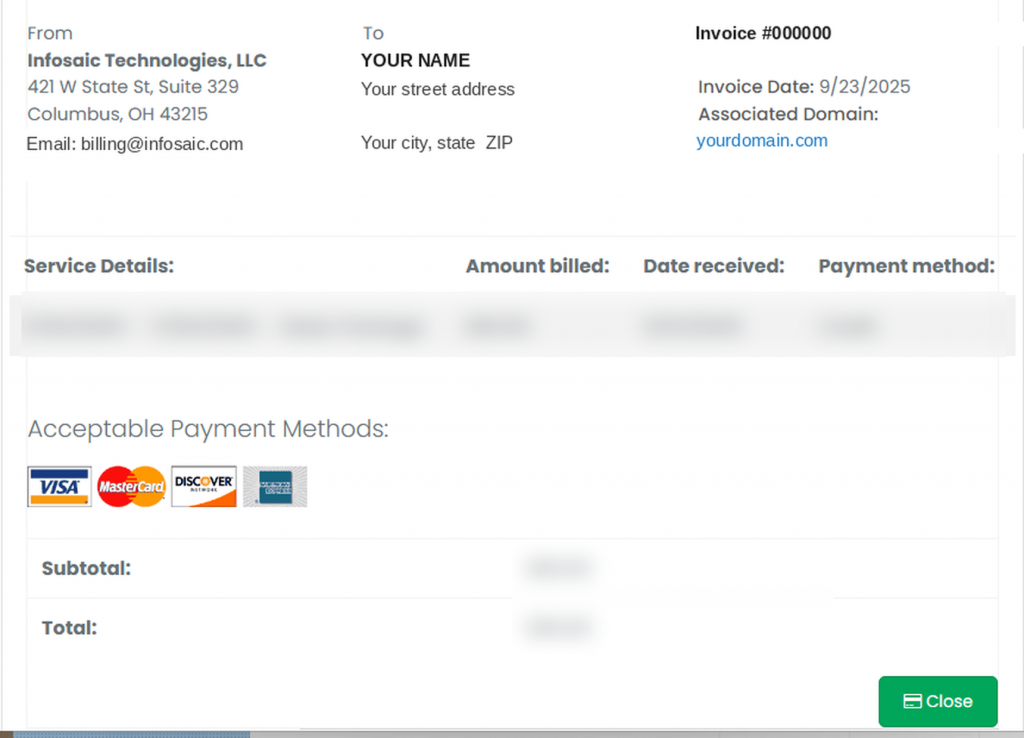 An invoice showing the billing address, invoice number and date, service details, amount and accepted payment methods