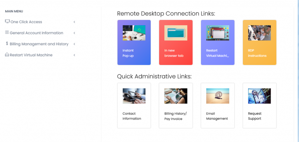 The cloud desktop control panel showing the main menu and the Remote Desktop Connection and Quick Administrative link tiles