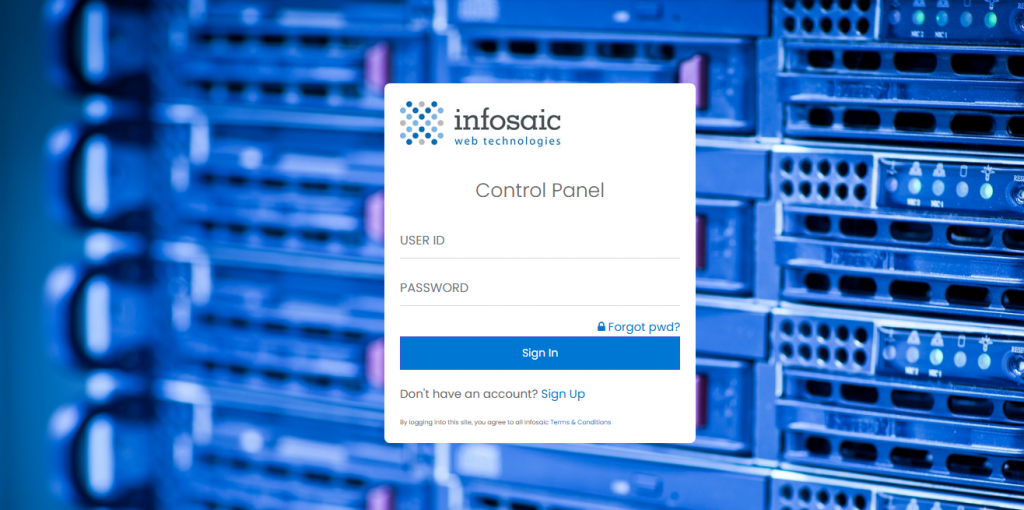 The control panel sign-in page at controlpanel.infosaic.com