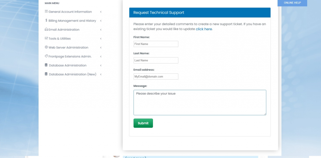 The Request Technical Support form with name, email and message fields