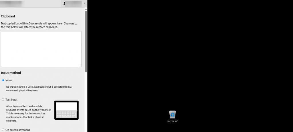 The control menu open in a browser session, where the file transfer panel lives