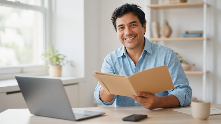 A small business owner at a desk holding out an open folder toward the viewer, handing over the details