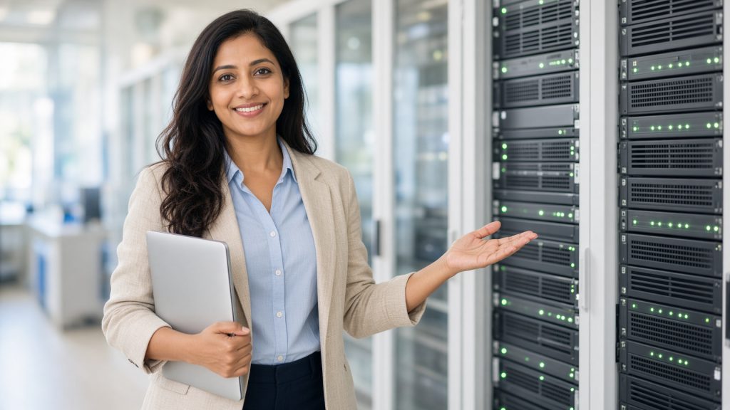 An engineer beside a rack of servers, smiling and gesturing toward them as if walking someone through the setup