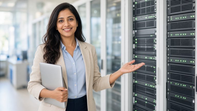 An engineer beside a rack of servers, smiling and gesturing toward them as if walking someone through the setup