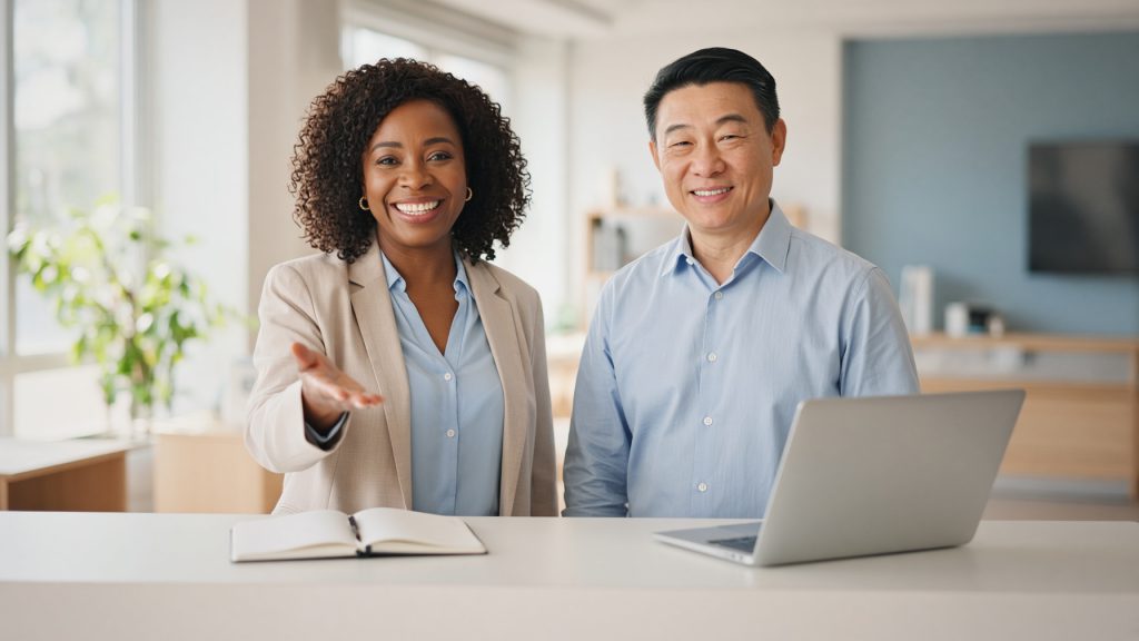 A support team member smiling and reaching out an open hand toward the viewer across a bright reception desk, ready to help