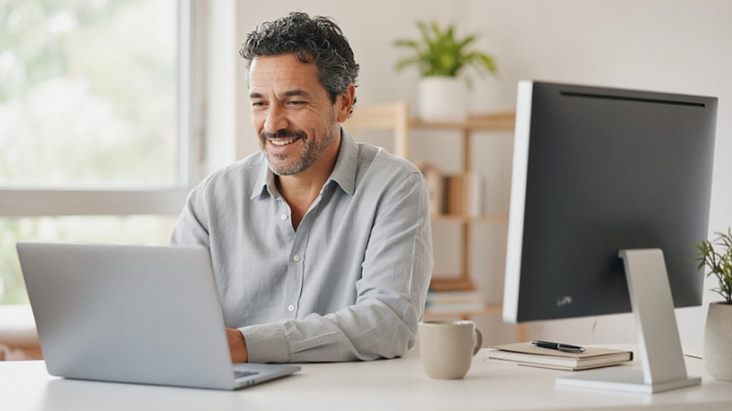 A man working at a desk with a laptop and a larger external monitor