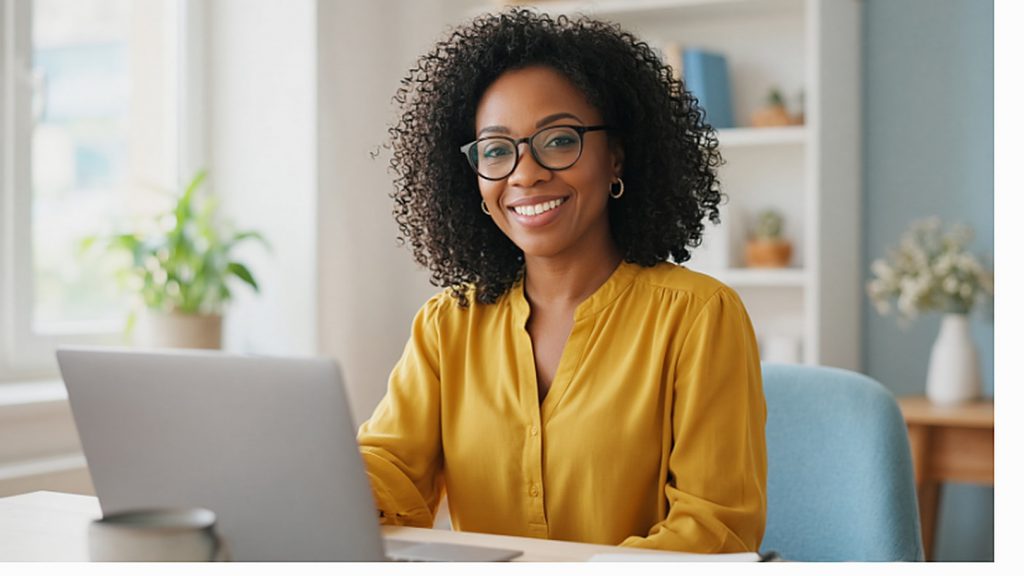 A woman smiling at her laptop in a bright home office