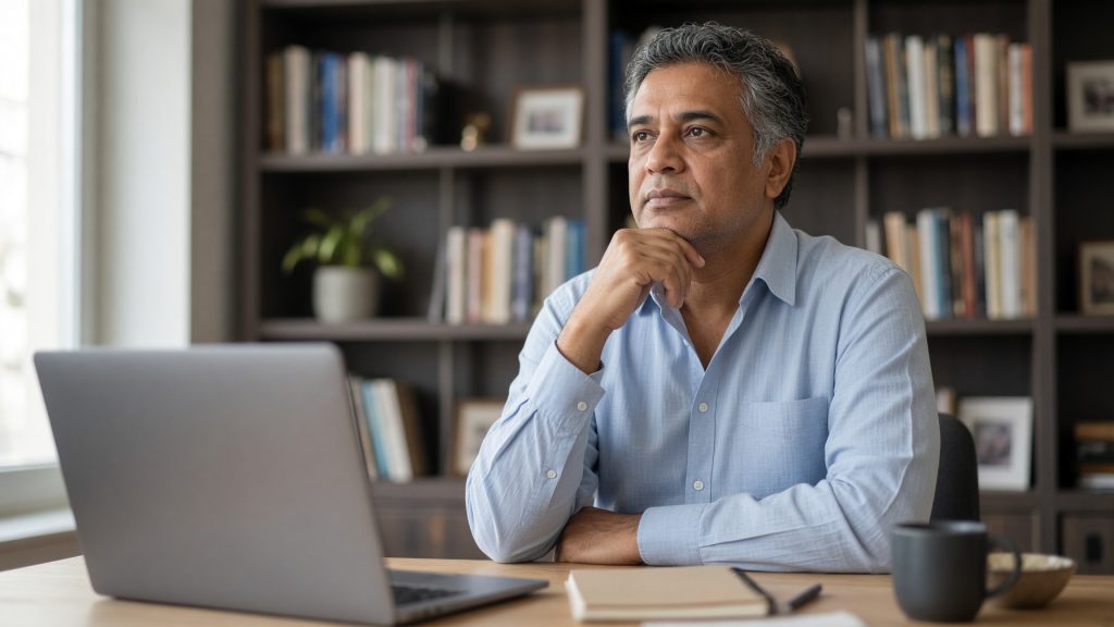 A man sitting back thoughtfully from a laptop at a tidy study desk, working out what to check next