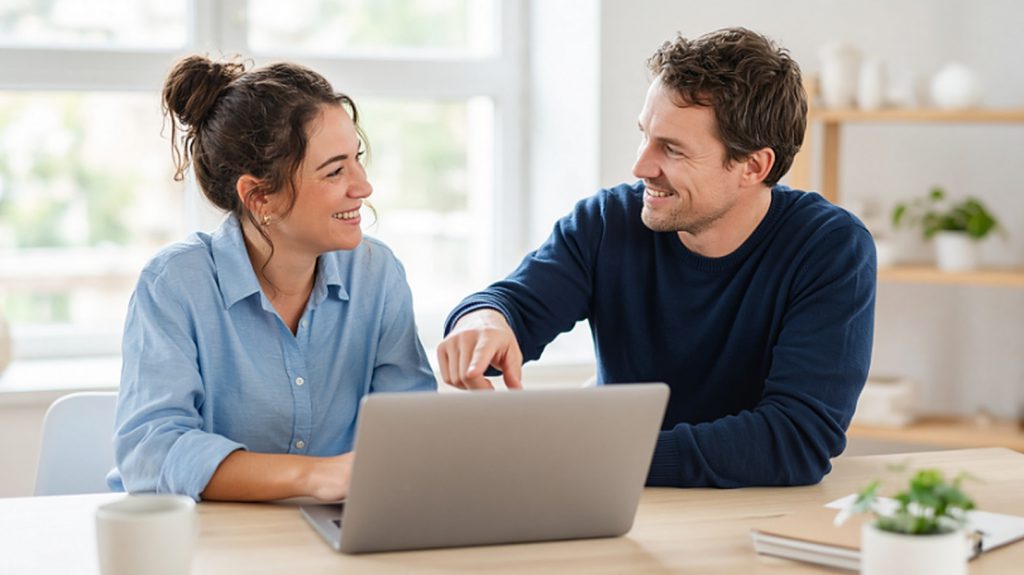 Two colleagues working together at a laptop, one pointing at the screen
