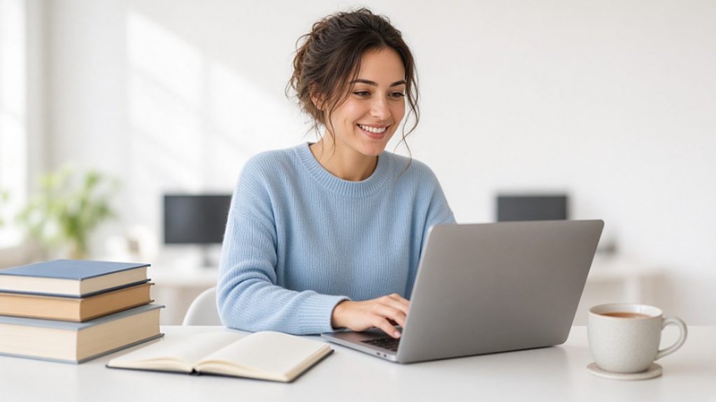 A woman typing on a laptop at a bright desk with an open notebook and dictionaries beside her