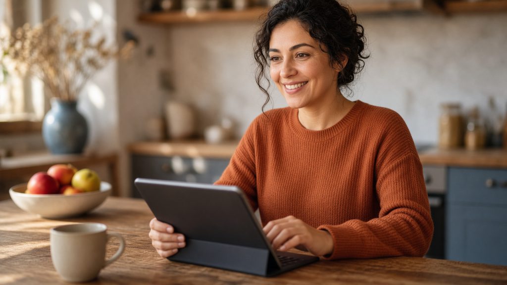 A woman at a sunlit kitchen table using a tablet in a keyboard case to reach her cloud desktop