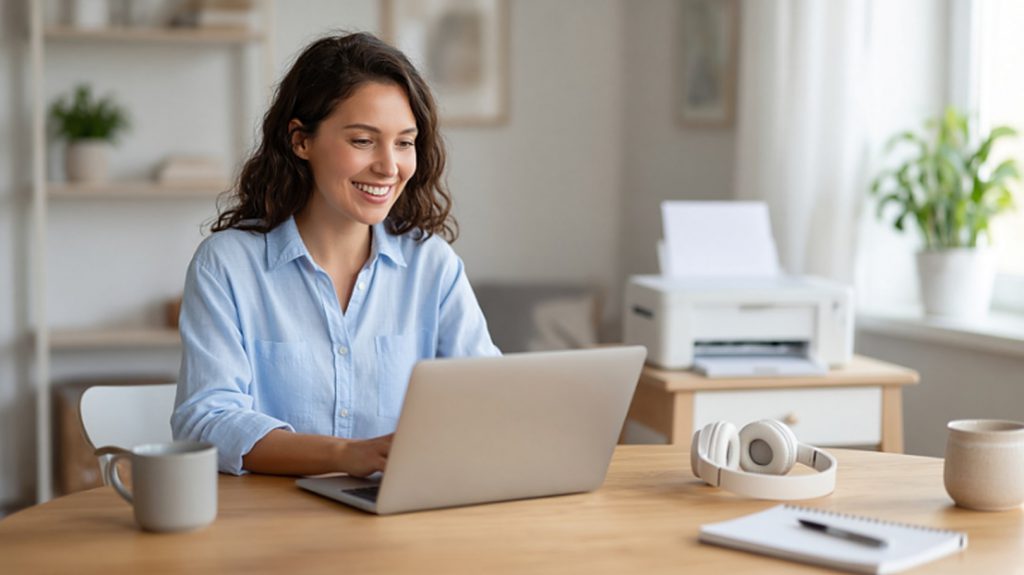A woman working at a laptop with headphones and an office printer nearby