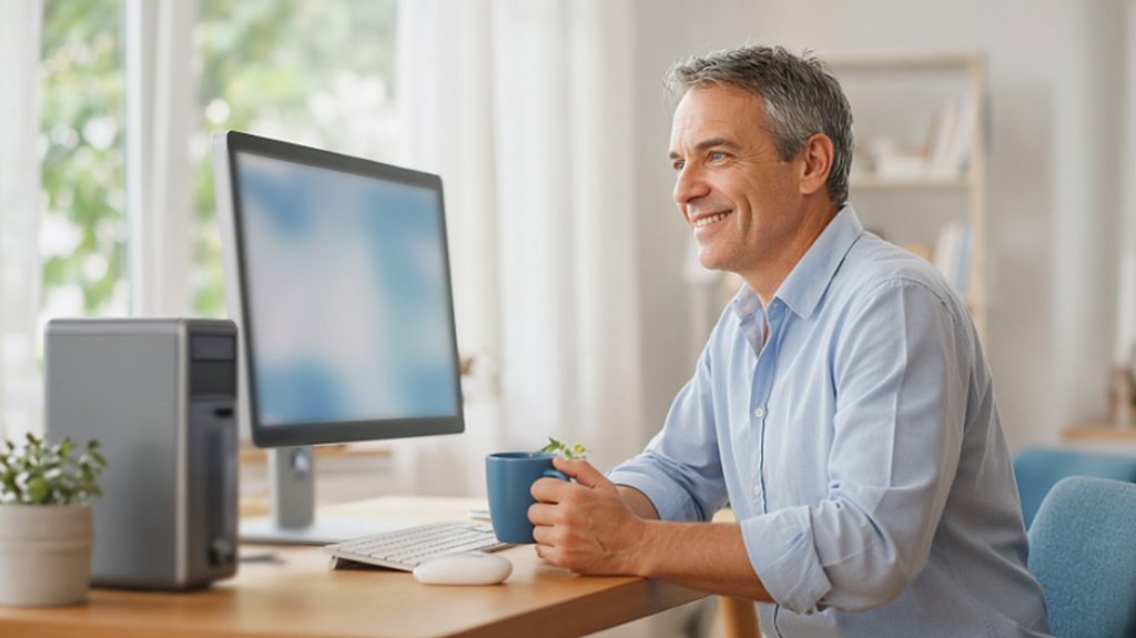 A man settling in at a desktop computer with a monitor and a coffee, smiling