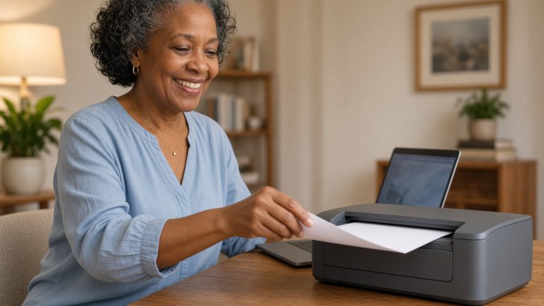 A woman collecting a page from a small office printer at home