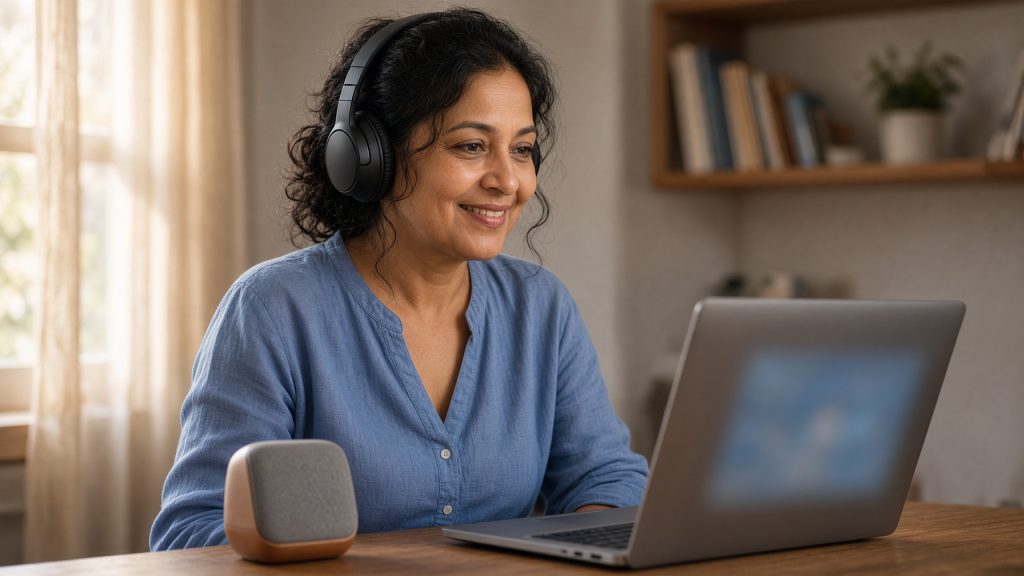 A woman wearing over-ear headphones at a home desk beside a small speaker, listening to audio from her cloud desktop