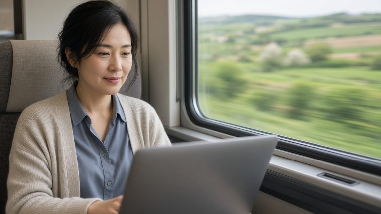A woman working on a laptop by a train window, an example of a variable network