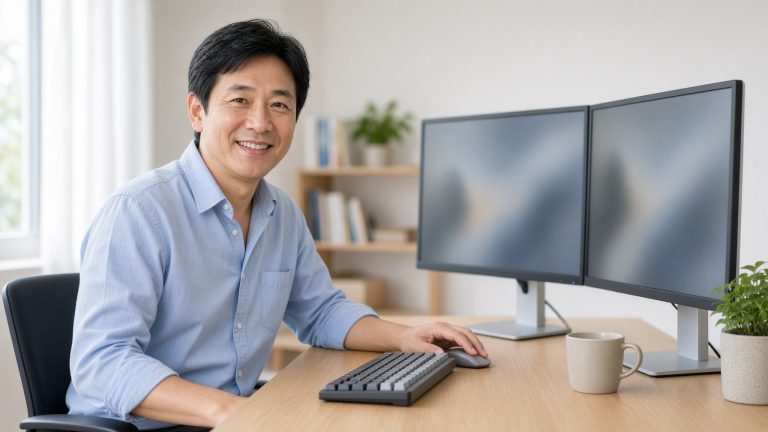 A man working comfortably at a desk with two screens, in contrast to a small touch screen
