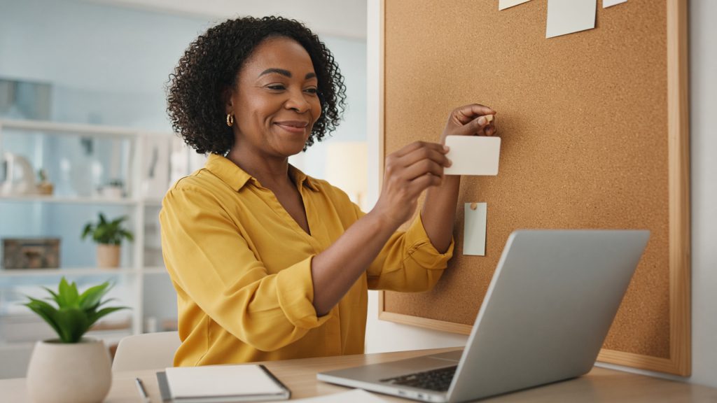 A woman pinning a card to a corkboard beside an open laptop at a tidy desk