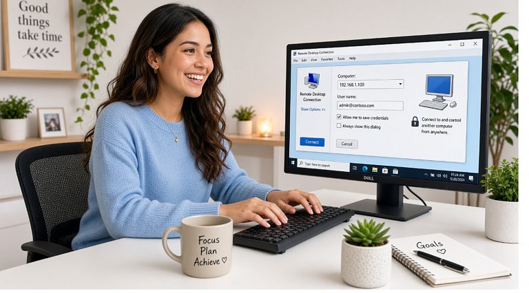 A person settling in at a Windows PC to start a remote desktop connection