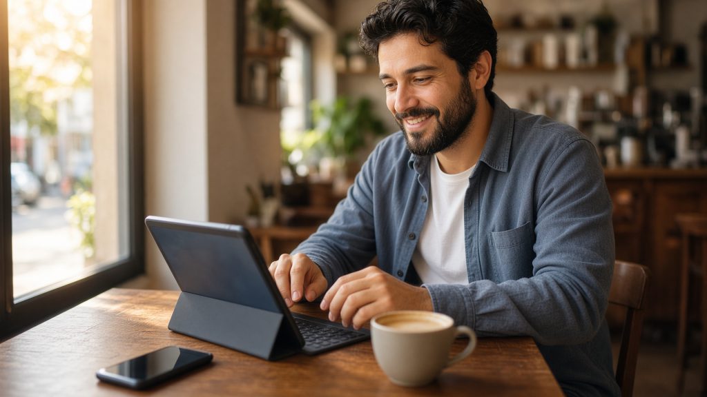 A man at a cafe table using a tablet in a keyboard case with his phone beside it, working on his cloud desktop