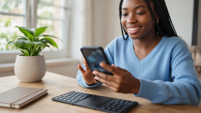 A person holding a large phone above a folding Bluetooth keyboard, showing how a small screen can be used for real work