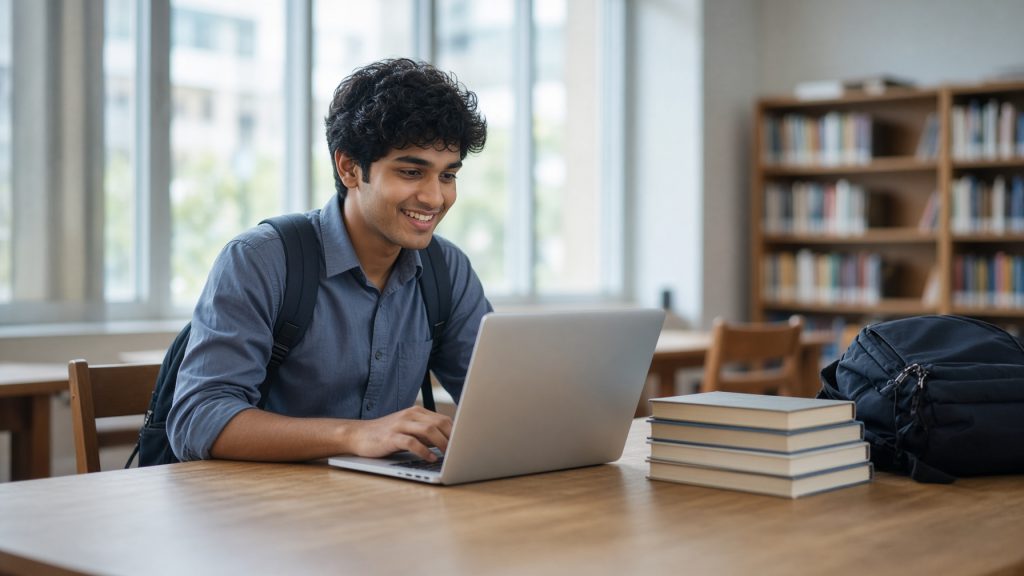 A student at a library desk working on a lightweight Chromebook connected to a Windows cloud desktop