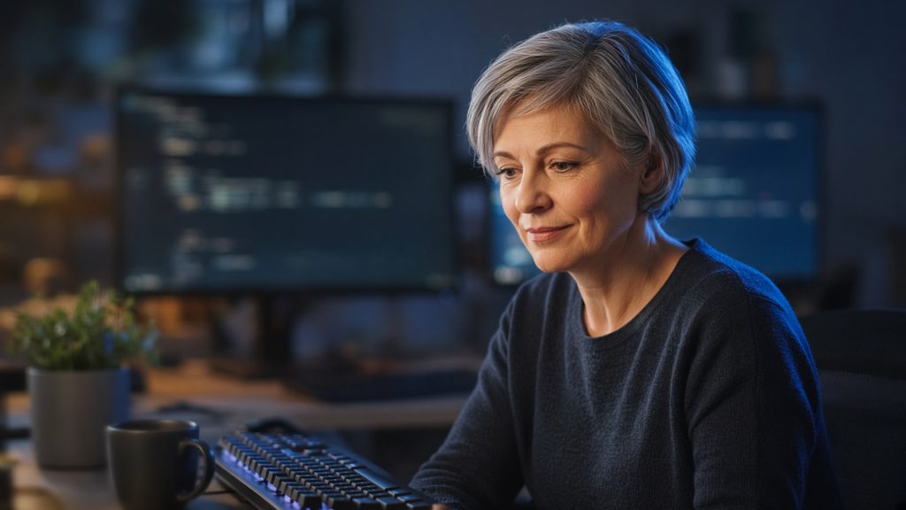 A woman with short silver hair at a developer desk in the evening, keyboard lit from one side