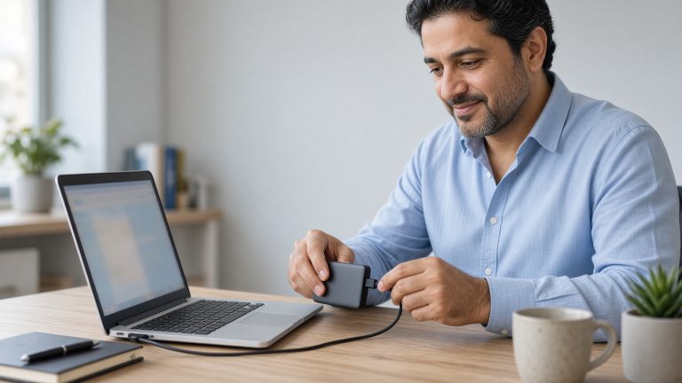 A person connecting an external drive to a laptop, illustrating local storage shared into a remote session
