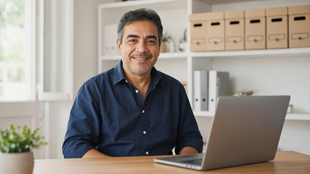 A person setting up a company mailing list on a laptop