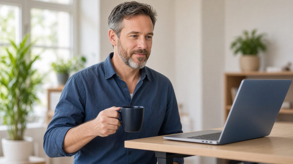 A man standing at a standing desk with a coffee, waiting patiently while his machine restarts