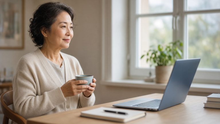 A woman sitting patiently with a cup of tea beside a laptop at a calm home desk