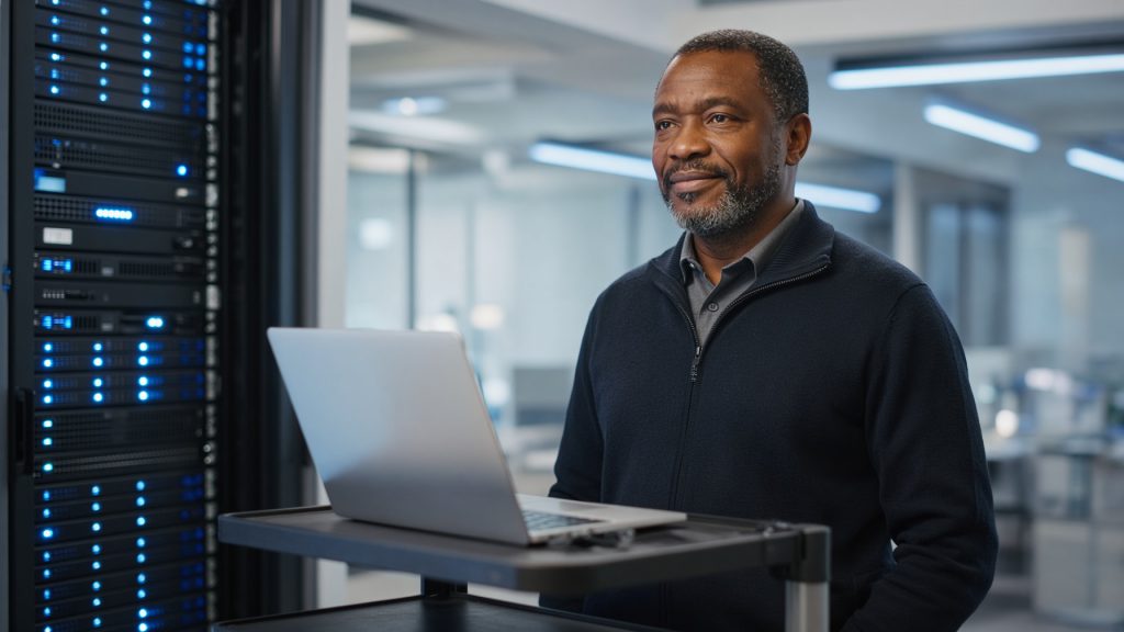 A developer checking supported technologies on a hosting server from a laptop