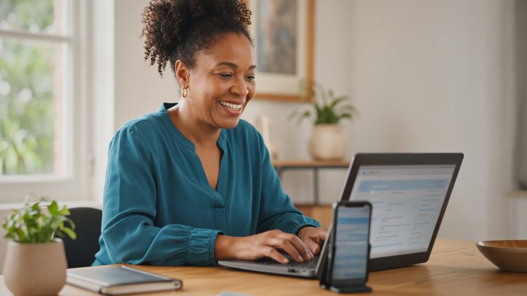 A woman setting up email on a laptop at a home office desk with her phone beside her