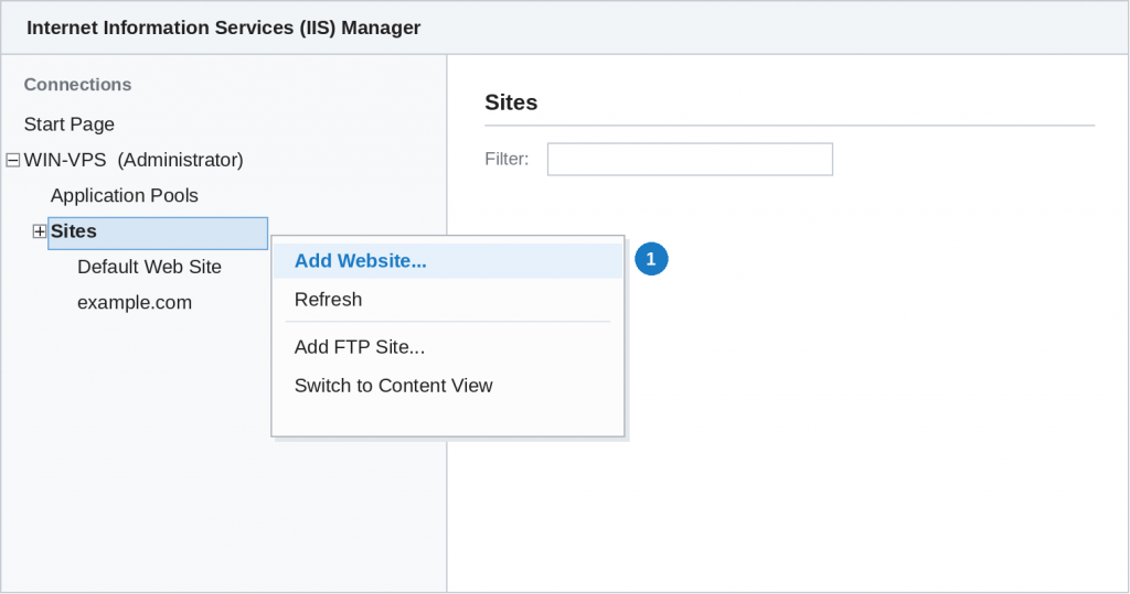 IIS Manager with Sites right-clicked in the Connections tree and Add Website highlighted in the context menu